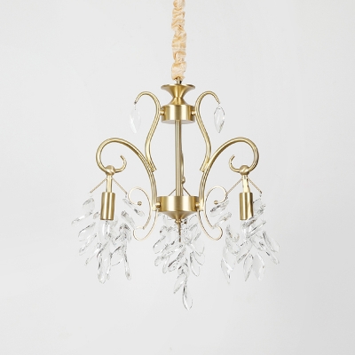 3 Heads Chandelier Lighting Traditional Candlestick Metallic Pendant in Gold with Draped Branch Crystal Deco
