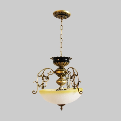 3 Lights Ceiling Pendant Traditional Bowl Ivory Glass Hanging Lamp with Scroll Arm in Bronze