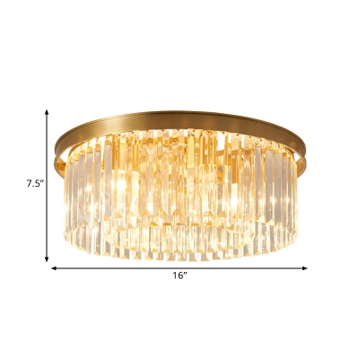 4/5-Head Clear Crystal Rod Ceiling Lamp Postmodern Brass Drum Bedroom Flush Mount Recessed Lighting, 16