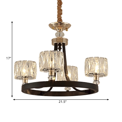4-Head Dining Room Ceiling Lamp Contemporary Black Chandelier with Cylindrical Prismatic Optical Crystal Shade