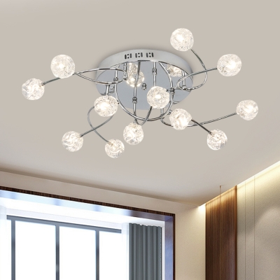 Beveled Crystal Ball Ceiling Light Fixture Minimal Style 12/16/20 Bulbs Chrome Semi Flush with Curved Arm