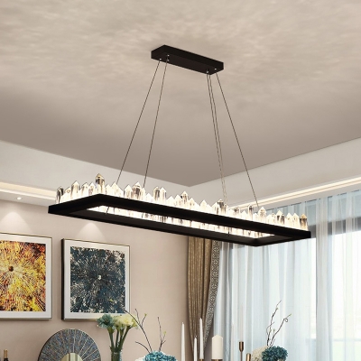 Black Rectangle LED Island Lamp Modern Hand-Cut Crystal Suspension Lighting in Warm/White Light, 23.5