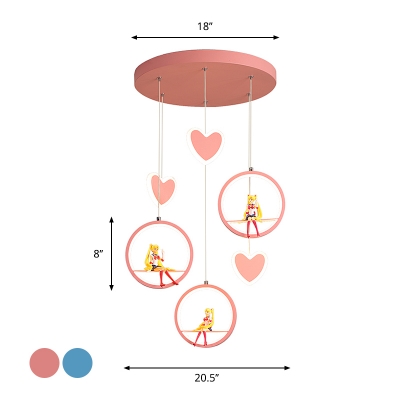 Blue/Pink LED Ring and Heart Drop Lamp Nordic Acrylic Multi Pendant with Cartoon Figure Design