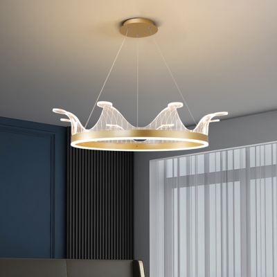Cartoon Crown Chandelier Pendant Light Metallic LED Bedroom Hanging Lamp Kit in Pink/Gold, Warm/White Light