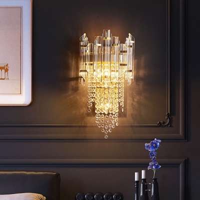 Cascading Bedside Wall Mount Lamp Clear Crystal 1 Head Modern Flush Wall Sconce in Gold