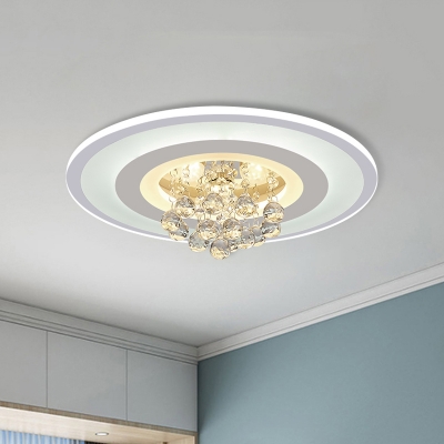 Circular LED Flush Ceiling Light Modern White Acrylic Flushmount Lighting with Draping Crystal Orbs, 18