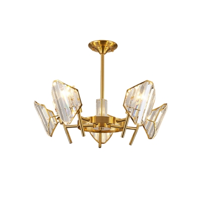 Classic Shield-Shape Semi Flush Light Clear Crystal 5/6-Bulb Close to Ceiling Lighting in Gold for Sitting Room