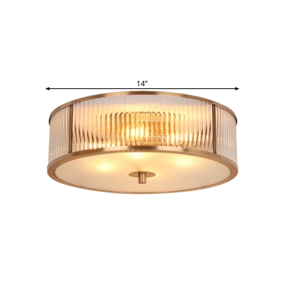 Colonial Round Ceiling Lamp 3-Head White Glass Flush Mount Fixture with Circular Diffuser in Brass