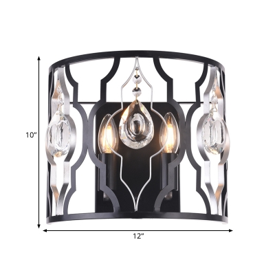 Contemporary Candle Wall Lighting Crystal 2 Heads Surface Wall Sconce in Black with Cylinder Frame