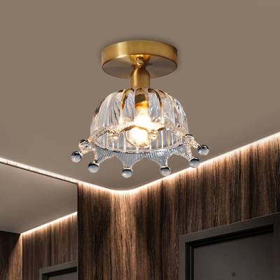 Crown Clear Glass Semi Flush Light Rustic Style 1 Head Bedroom Close to Ceiling Lighting in Brass