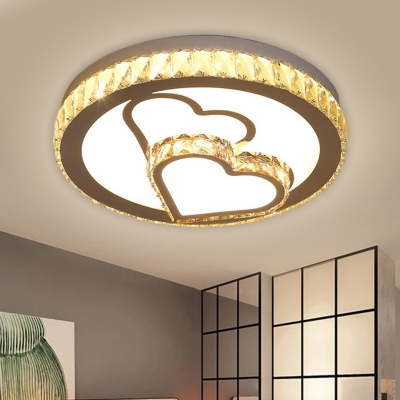 Crystal Block Round Flush Mount Fixture Simple LED Close to Ceiling Lamp in Chrome with Loving Heart Pattern, Warm/White Light