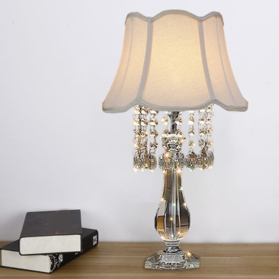 Crystal Strand Cone/Scalloped Table Lamp Country 1 Light Bedside Nightstand Lighting with Beige/Sky Blue/Burgundy Fabric Shade
