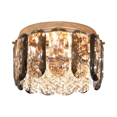 Cylinder Flush Mount Lighting Modern Style Faceted Crystal 3-Bulb Clear Close to Ceiling Lamp for Hallway