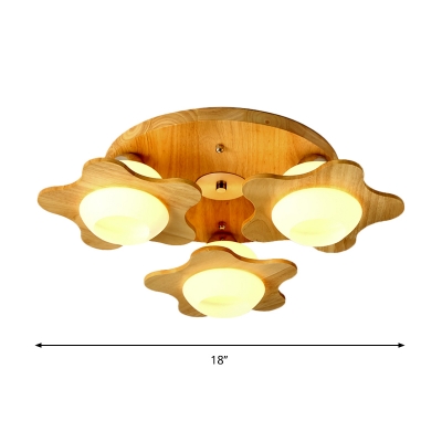 Flower Wood Ceiling Mount Light Fixture Modern 3/5 Bulbs Wood Semi Flush with Orb Opaque Glass Shade
