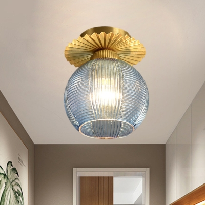Globe Corridor Flushmount Lighting Prismatic White/Blue/Green Glass 1-Bulb Modernist Flush Mount Fixture in Gold