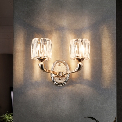Gold Cylinder Sconce Light Fixture Contemporary 1/2-Bulb Clear Crystal Glass Wall Mounted Lighting for Staircase