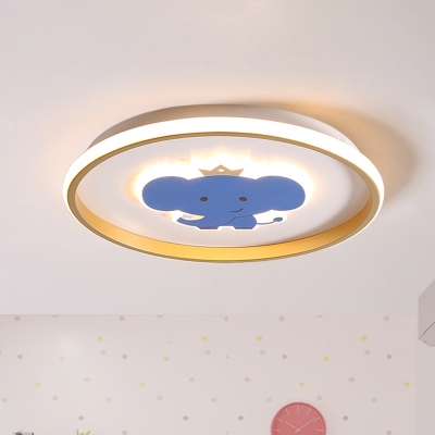 LED Baby Room Ceiling Mounted Light Cartoon Blue Flush Lamp with Airplane/Elephant/Fish Metallic Shade