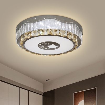 LED Crystal Flush Mount Lamp Modern Stainless Steel Drum Bedroom Close to Ceiling Light