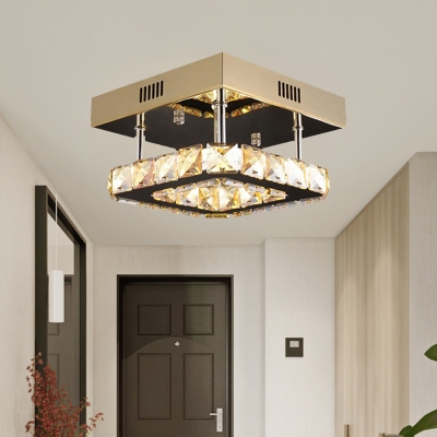 LED Doorway Ceiling Lighting Contemporary Stainless-Steel/Gold Semi Flush Mount with Square Crystal Shade, Warm/White Light