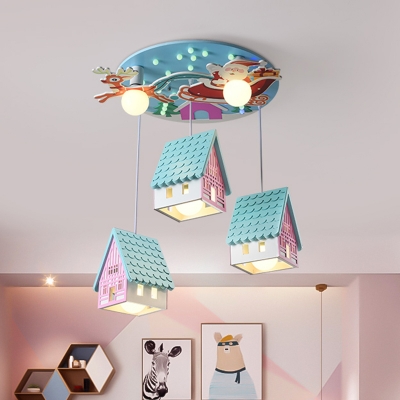 Metal Cottage Multi Pendant Cartoon 5 Bulbs Ceiling Lamp with Reindeer and Santa Claus Deco in Blue