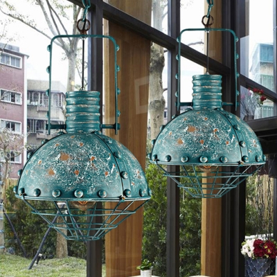 Metal Domed Shade Pendulum Light with Cage Design Rustic 1 Bulb Restaurant Ceiling Hang Fixture in Blue-Green