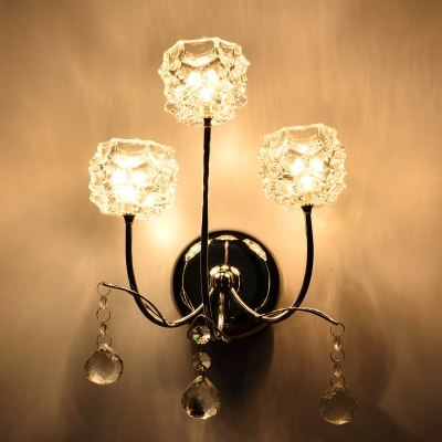 Metal Floral Wall Light Fixture Contemporary 3-Head Wall Mounted Light Fixture in Chrome with Crystal Shade