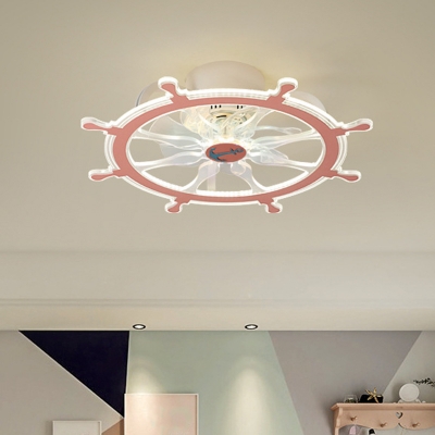 Metal Rudder Semi Flush Light Cartoon Pink/Blue LED Pendant Fan Lamp for Kids Bedroom, 23