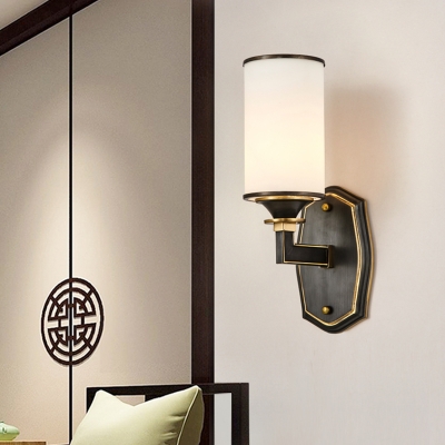 Milk Glass Pillar Wall Light Kit Vintage 1/2-Head Living Room Wall Sconce in Black and Gold