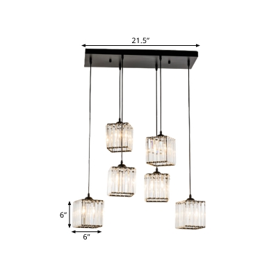 Modern Cubic Cluster Pendant 6-Head Clear Crystal Hanging Ceiling Light for Dining Room