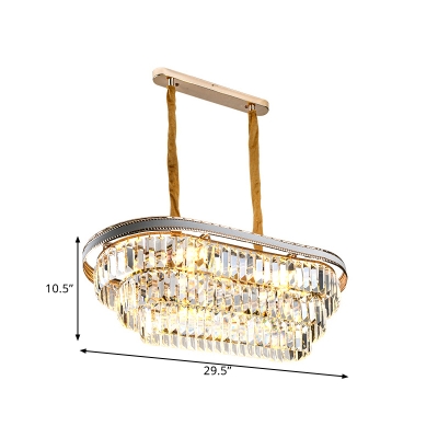 Modern Layered Oblong Pendant Lamp 8 Heads Clear Crystal Hanging Light over Island