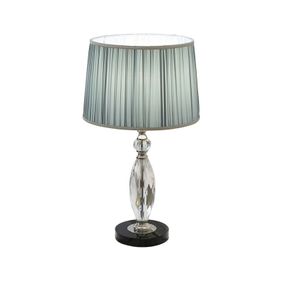Pleated Fabric Grey/Blue Table Light Drum Shade 1 Light Modernism Crystal Nightstand Lamp