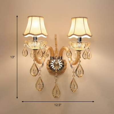 Scalloped Bell Fabric Wall Light Traditional 1/2-Light Corridor Sconce Lighting with Crystal Droplets in Champagne