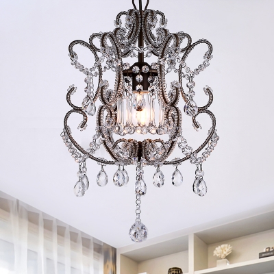 Scrolled Arm Metal Ceiling Hang Fixture Traditional Single Restaurant Pendulum Light in Champagne/Coffee with Crystal Bead Accents