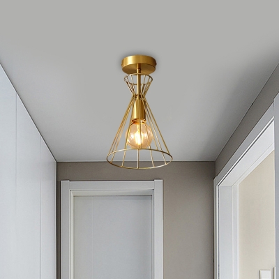 Tapered Frame Metal Ceiling Light Traditional 1 Head Great Room Semi Mount Lighting in Brass