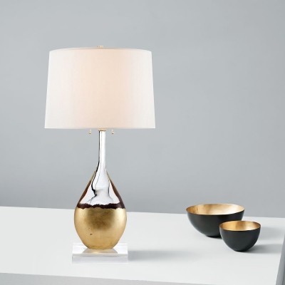 Teardrop Bedside Night Lamp Postmodern Crystal 1-Head Brass Table Light with Pull Chain and White Barrel Shade