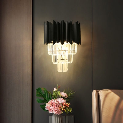 Tiered Wall Mounted Lighting Modern Crystal Rectangle 2 Bulbs Flush Wall Sconce in Black for Bedside