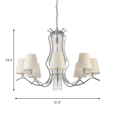 Traditional Cone Shade Chandelier 9 Lights Fabric Ceiling Pendant in White with Crystal Chain