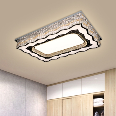 Wavy-Trim Rectangle LED Flush Light Contemporary Nickel Crystal Close to Ceiling Light Fixture