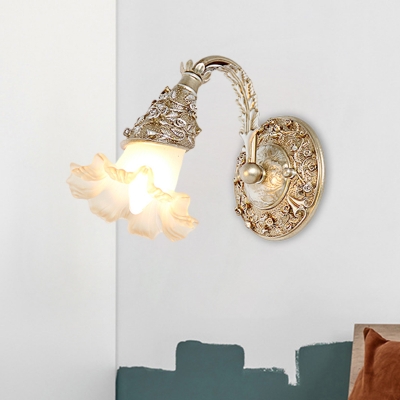 1 Head Blossom Wall Light Fixture Countryside Silver/White Ivory Glass Wall Mount Lamp with Arc Arm