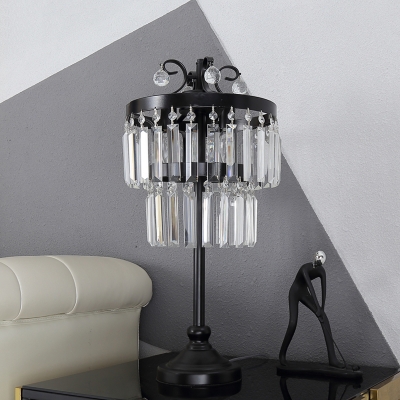 2-Layer Drum Crystal Night Light Traditional 4 Bulbs Bedroom Table Lighting in Black
