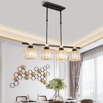 3/4 Heads Cylinder Island Light Fixture Traditional Black Clear Crystal Ceiling Suspension Lamp