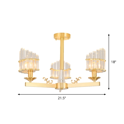 3/6 Bulbs Crystal Rod Semi Chandelier Classic Style Gold Bevel-Shape Dining Room Ceiling Light Fixture