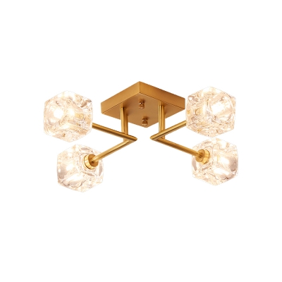 4/6 Bulbs Bedroom Semi Flush Light Modern Gold Ceiling Mounted Fixture with Cubic Crystal Shade
