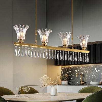 4 Heads Flower Island Light Postmodern Gold Crystal Hanging Pendant with Fringe for Dining Room