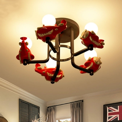 Airplane Kids Room Semi Flush Mount Metal 5 Heads Cartoon Close to Ceiling Lighting in Red