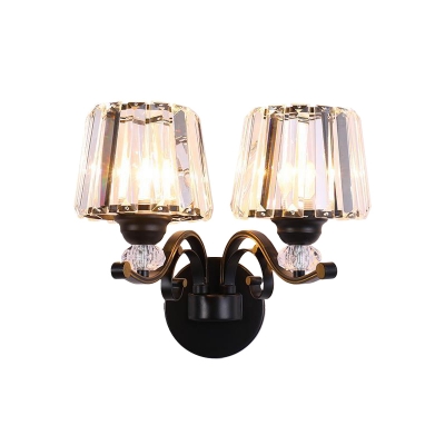Black 1/2-Bulb Sconce Light Classic Clear Crystal Conical Shade Wall Mounted Lighting with Curvy Arm