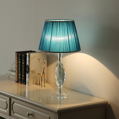 Blue 1-Light Table Lamp Traditional Pleated Fabric Barrel Shade Nightstand Light with Clear Crystal Base