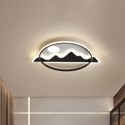 Circular Flush Light Fixture Modern LED Black Flush Mount Lamp with Mountain Pattern for Bedroom