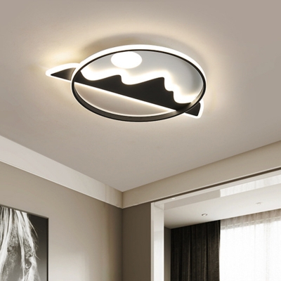 Circular Flush Light Fixture Modern LED Black Flush Mount Lamp with Mountain Pattern for Bedroom