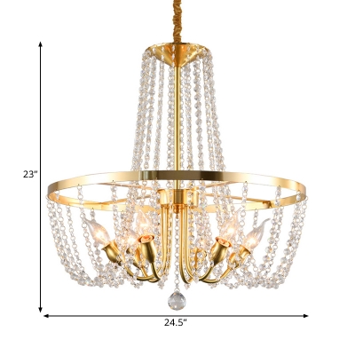 Clear Crystal Chain Brass Hanging Light Basket Shaped 6-Light Mid Century Pendant Chandelier
